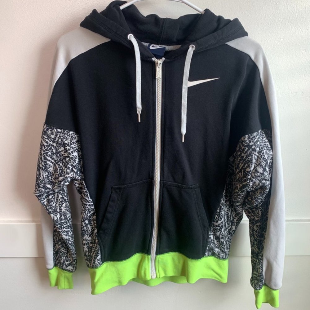 Nike Black, White, & Neon Green Paint Splatter Print Full Zip Jacket